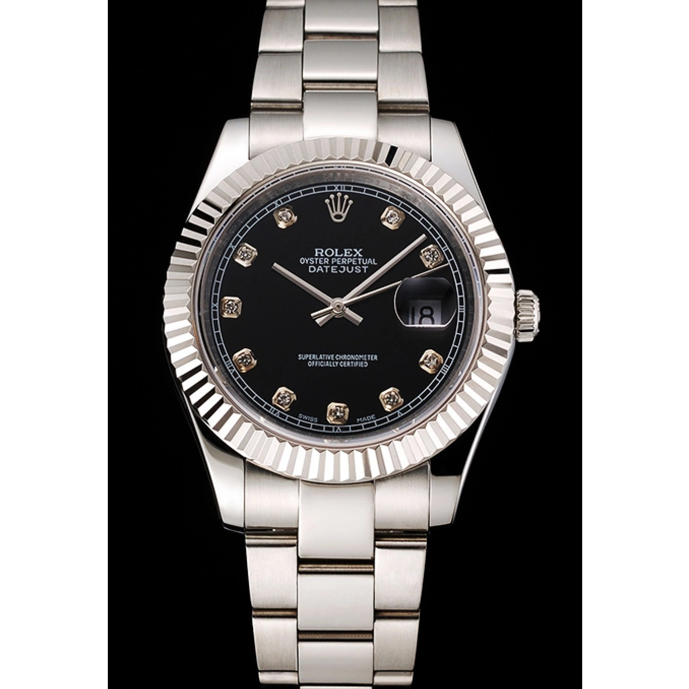 Best AAA Replica Sites Dimond Case Swiss Bracelet Hour Dial Datejust Rolex Marks Stainless Steel Black And 0802